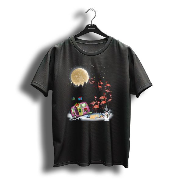 Flamingo Santa Christmas Camper Under Moonlit Snowy Night T Shirt t shirt 1