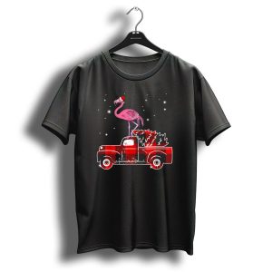 Flamingo Santa On Red Plaid Truck With Christmas Tree And Stars T Shirt