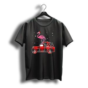 Flamingo Santa On Red Plaid Truck With Christmas Tree And Stars T-Shirt