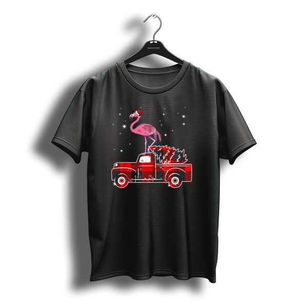 Flamingo Santa On Red Plaid Truck With Christmas Tree And Stars T Shirt t shirt 1