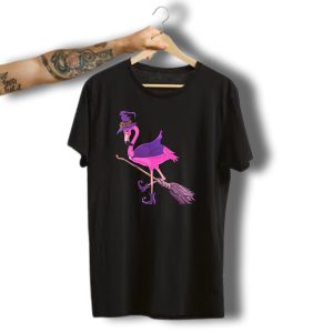 Flamingo Witch Riding Broomstick Funny Halloween T-Shirt