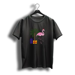 Flamingo With Santa Hat And Palm Tree With Christmas Gifts T-Shirt