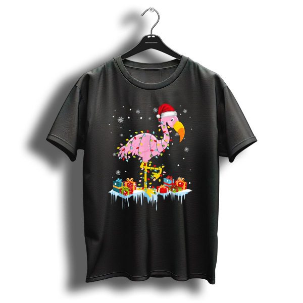 Flamingo Wrapped In Christmas Tree Lights With Santa Hat And Snowflakes T Shirt 1 t shirt 1