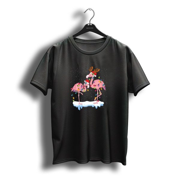 Flamingos In Santa Hats With Christmas Lights And Reindeer Antlers T Shirt t shirt 1