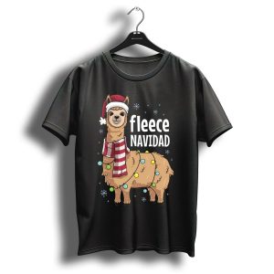 Fleece Navidad Funny Cute Llama Santa Hat Christmas Lights Snowflakes T-Shirt