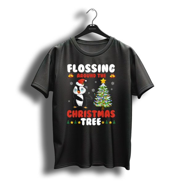 Flossing Around The Christmas Tree Penguin Santa Hat Bells Snowflakes T Shirt t shirt 1