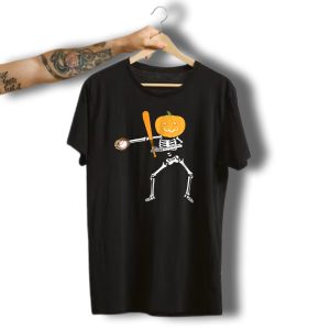 Flossing Skeleton Pumpkin Head Halloween Baseball Batting Player T-Shirt