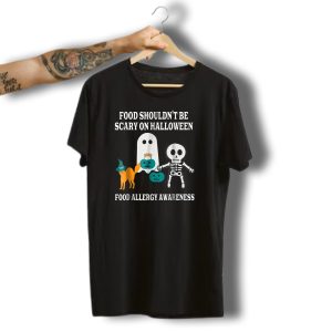 Food Shouldn'T Be Scary On Halloween Food Allergy Awareness Ghost Skeleton Teal Pumpkin T-Shirt