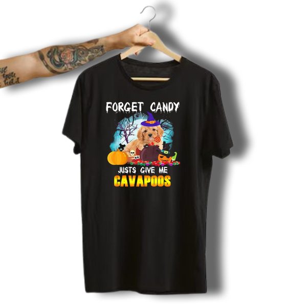 Forget Candy Just Give Me Cavapoos Halloween Puppy With Witch Hat And Pumpkins T Shirt t shirt 1