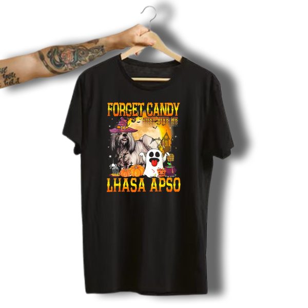 Forget Candy Just Give Me Lhasa Apso Halloween Scene With Ghosts And Pumpkins T Shirt t shirt 1