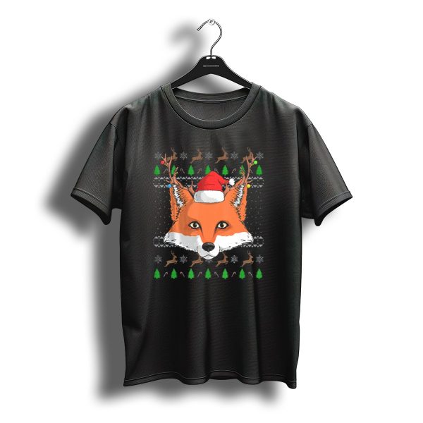 Fox Santa Claus Hat Ugly Christmas Pattern Reindeer Trees Candy Canes Snowflakes T Shirt t shirt 1