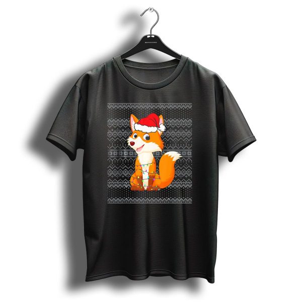 Fox With Santa Hat And Christmas Lights On Black Knitted T Shirt 1 t shirt 1