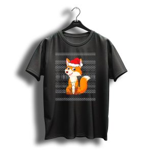 Fox With Santa Hat And Christmas Lights On Black Knitted T-Shirt