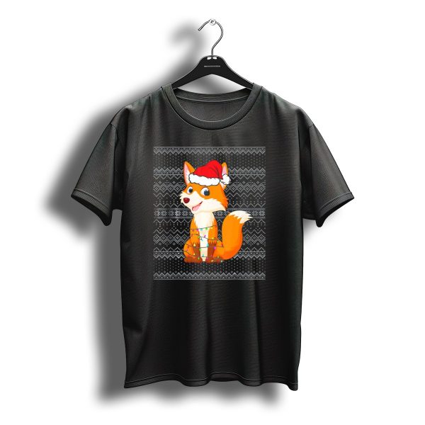 Fox With Santa Hat And Christmas Lights On Black Knitted T Shirt t shirt 1