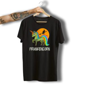 Frankencorn Cute Frankenstein Unicorn Witch Silhouette Rainbow Mane Halloween T-Shirt
