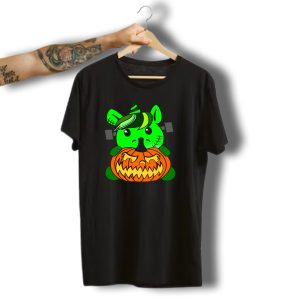 Frankenhorn Halloween Pumpkin Green Unicorn Creature With Stitch Marks T-Shirt