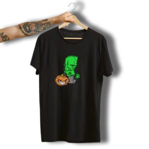 Frankenstein Green Monster With Creepy Grinning Pumpkin Happy Halloween T-Shirt