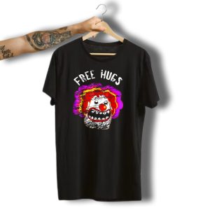 Free Hugs Funny Halloween Clown Face With Red Nose And Colorful Hair T-Shirt