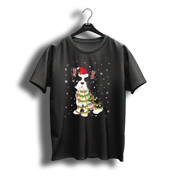 French Bulldog Christmas Lights Festive Santa Hat Snowflakes T Shirt t shirt 1