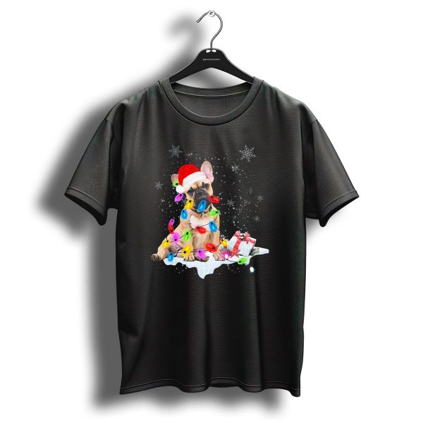 French Bulldog Christmas Lights Santa Hat Snowflakes Gift Box T Shirt 1 t shirt 1