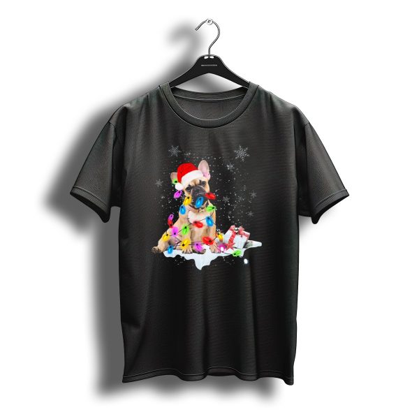 French Bulldog Christmas Lights Santa Hat Snowflakes Gift Box T Shirt t shirt 1