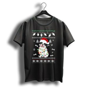 French Bulldog Christmas Lights Ugly Sweater With Santa Hat And Paw Prints T Shirt