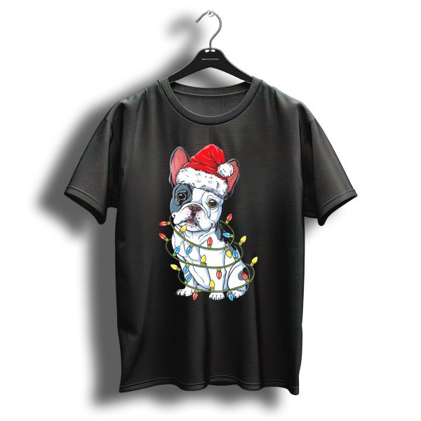 French Bulldog Christmas Santa Hat Festive Lights T Shirt 1 t shirt 1