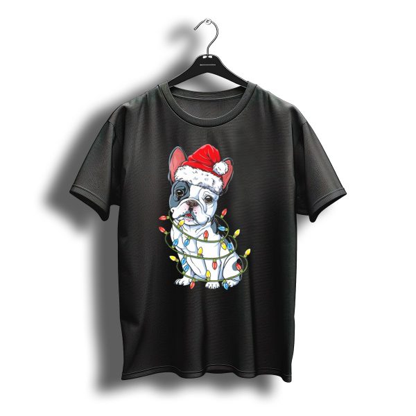 French Bulldog Christmas Santa Hat Festive Lights T Shirt t shirt 1