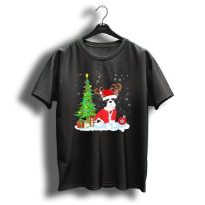 French Bulldog Christmas Santa With Reindeer Antlers By Christmas Tree T Shirt