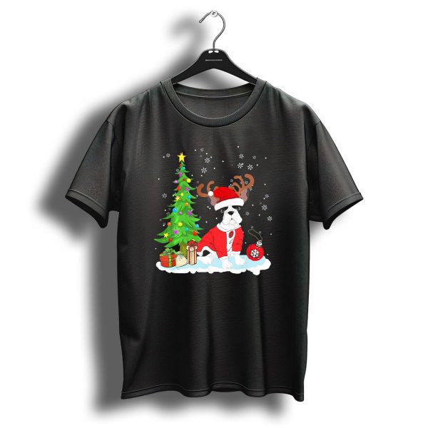 French Bulldog Christmas Santa With Reindeer Antlers By Christmas Tree T Shirt 1 t shirt 1
