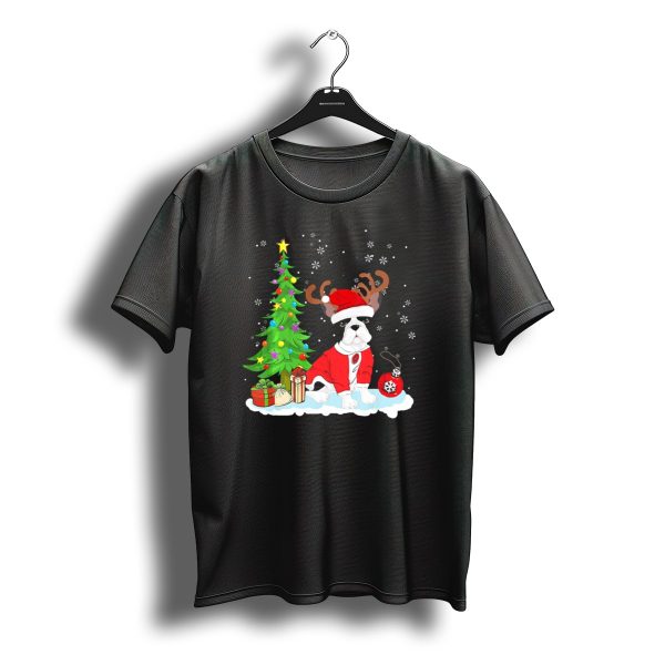 French Bulldog Christmas Santa With Reindeer Antlers By Christmas Tree T Shirt t shirt 1