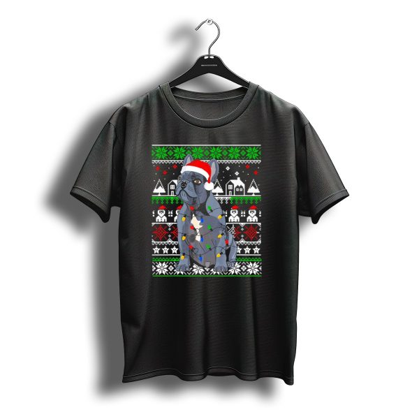 French Bulldog In Santa Hat With Christmas Lights Holiday T Shirt t shirt 1