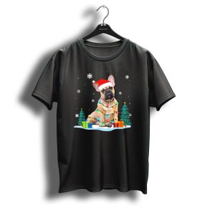French Bulldog In Santa Hat Wrapped In Christmas Lights With Snowflakes And Gifts T Shirt