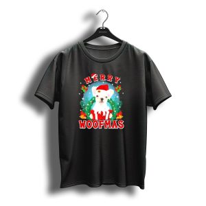 French Bulldog Merry Woofmas Holiday Joy Santa Hat Clematis Snow Christmas Wreath T-Shirt
