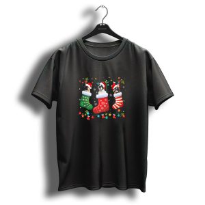 French Bulldog Puppies In Christmas Stockings With Santa Hats Holiday T Shirt