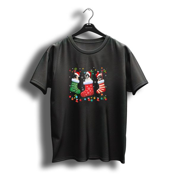 French Bulldog Puppies In Christmas Stockings With Santa Hats Holiday T Shirt t shirt 1