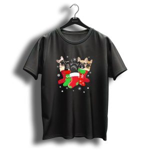 French Bulldog Puppies In Festive Christmas Stockings With Snowflakes T Shirt