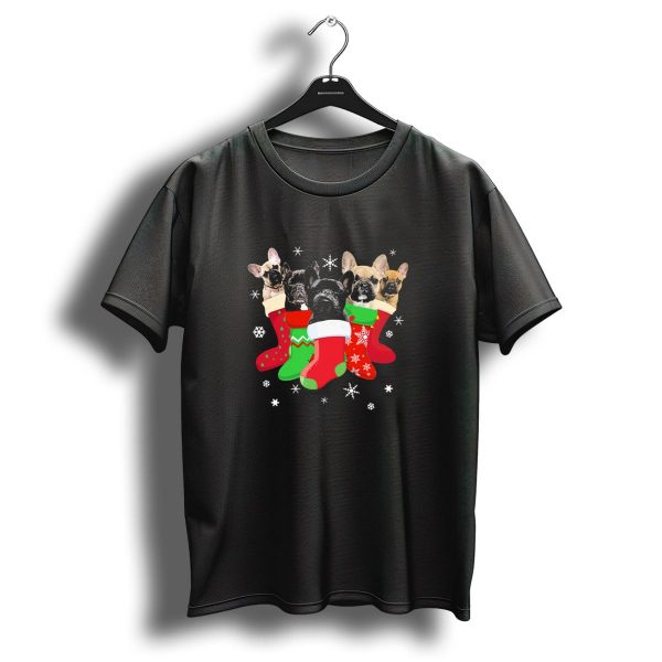 French Bulldog Puppies In Festive Christmas Stockings With Snowflakes T Shirt 1 t shirt 1