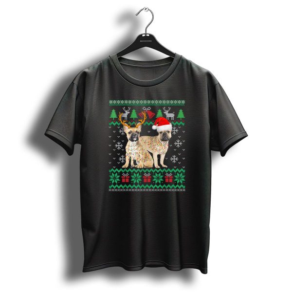 French Bulldog Puppy Ugly Christmas Reindeer And Santa Hat T Shirt 1 t shirt 1