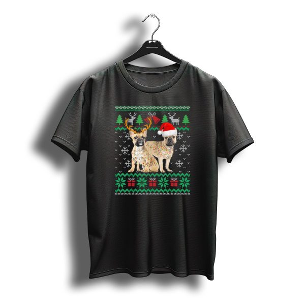 French Bulldog Puppy Ugly Christmas Reindeer And Santa Hat T Shirt t shirt 1