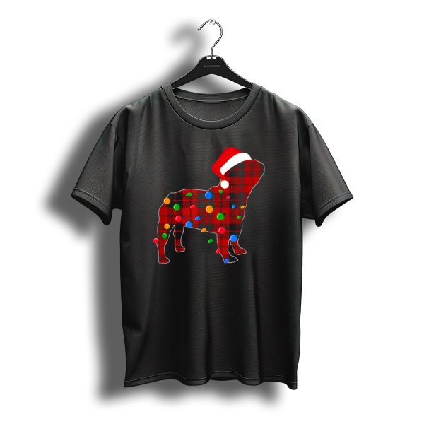 French Bulldog Red Plaid Christmas Lights With Santa Hat T Shirt t shirt 1