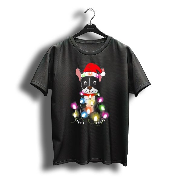 French Bulldog Santa Hat Wrapped In Colorful Christmas Lights T Shirt t shirt 1