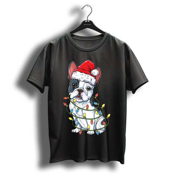 French Bulldog Santa Wrapped In Christmas Tree Lights T Shirt 1 t shirt 1