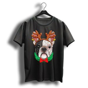 French Bulldog With Christmas Reindeer Antlers And Bow Tie T-Shirt