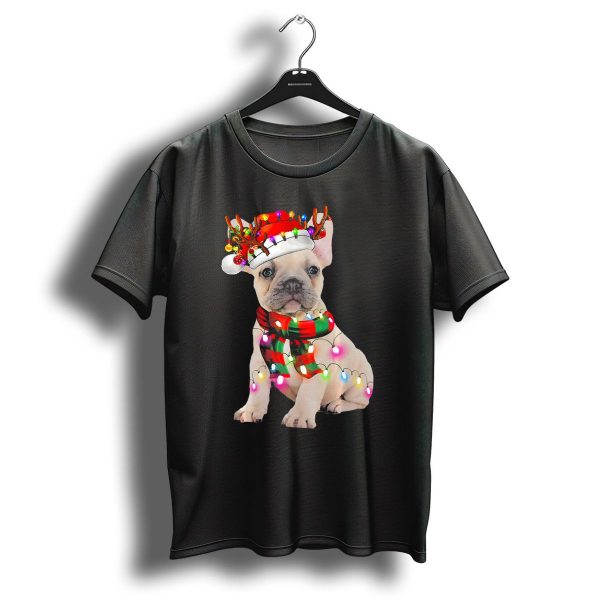French Bulldog With Christmas Reindeer Hat And Festive Lights Scarf T Shirt 1 t shirt 1
