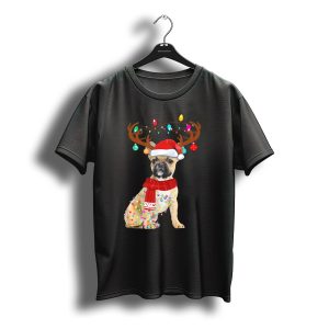 French Bulldog With Reindeer Antlers And Santa Hat Christmas Lights T-Shirt