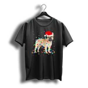 French Bulldog Wrapped In Christmas Lights Santa Hat Snowflakes T-Shirt