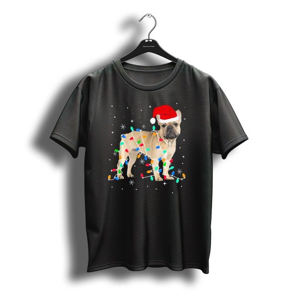 French Bulldog Wrapped In Christmas Lights Santa Hat Snowflakes T Shirt t shirt 1