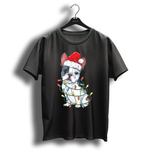 French Bulldog Wrapped In Christmas Lights With Santa Hat T Shirt