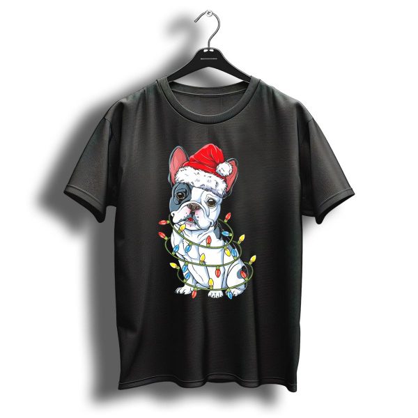 French Bulldog Wrapped In Christmas Lights With Santa Hat T Shirt 1 t shirt 1